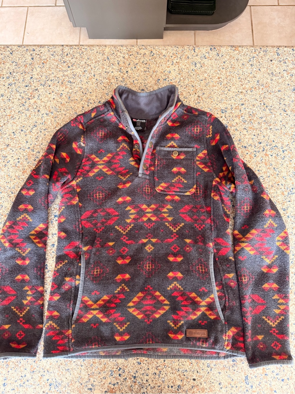 Women’s Sherpa Pullover Sweater Jacket - Dark Gray with Red & Orange Pattern